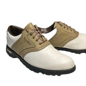 Footjoy GreenJoys Golf Shoes Mens Sz 8 M White Tan Saddle Lace Up Soft Spikes